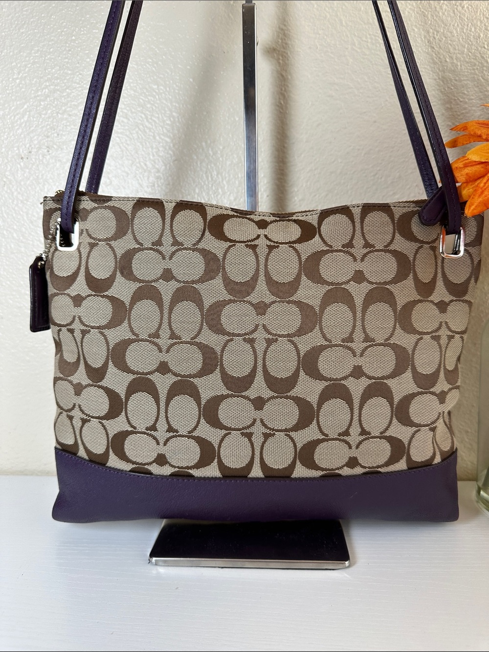 Coach Signature Canvas Shoulder Bag in Brown and Purple - Picture 7 of 13